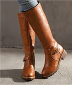 Classic Leather Knee High Boots with Buckle Strap and Block Heel — variant_front