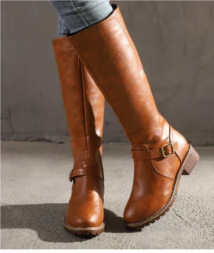 Classic Leather Knee High Boots with Buckle Strap and Block Heel — variant_front