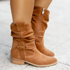 Slouchy Suede Mid-Calf Boots with Block Heel and Strap Detail — variant_front