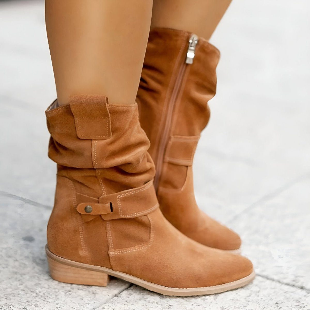 Slouchy Suede Mid-Calf Boots with Block Heel and Strap Detail — variant_front