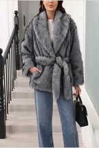 Women's Faux Fur Jacket with Shawl Collar and Tie Belt — variant_front