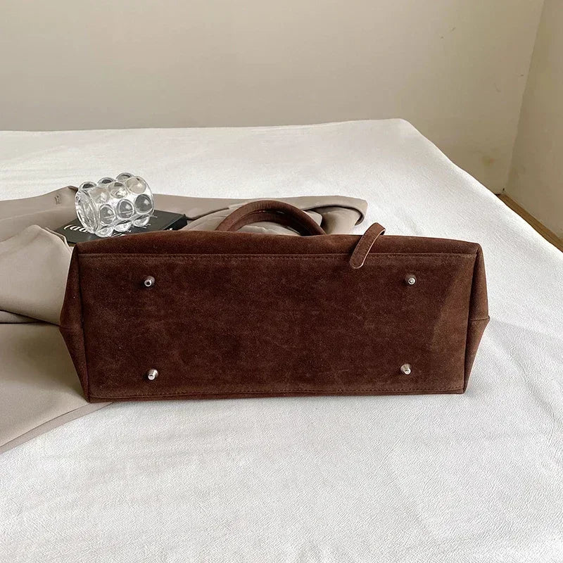Large Suede Shoulder Bag with Belt Buckle Detail - Top-handle Tote — variant_front