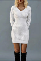 Women's Cable Knit V-Neck Jumper Dress Long Sleeve — variant_front