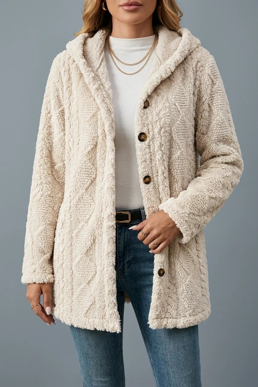 Women'S New Elegant Diamond Pattern Side Decorative Button Wool Teddy Bear Coat Hooded Jacket Warm Outerwear — variant_front
