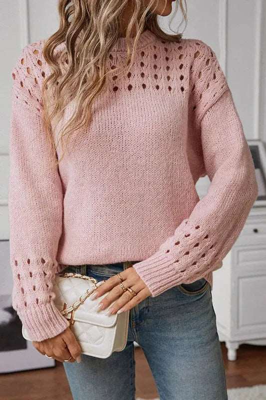 Soft Knit Sweater with Open Stitch Shoulder Detail — variant_front