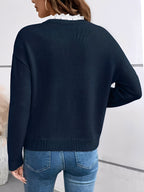 Knit V‑Neck Sweater with Lace Trim Detail, Relaxed Fit — variant_front