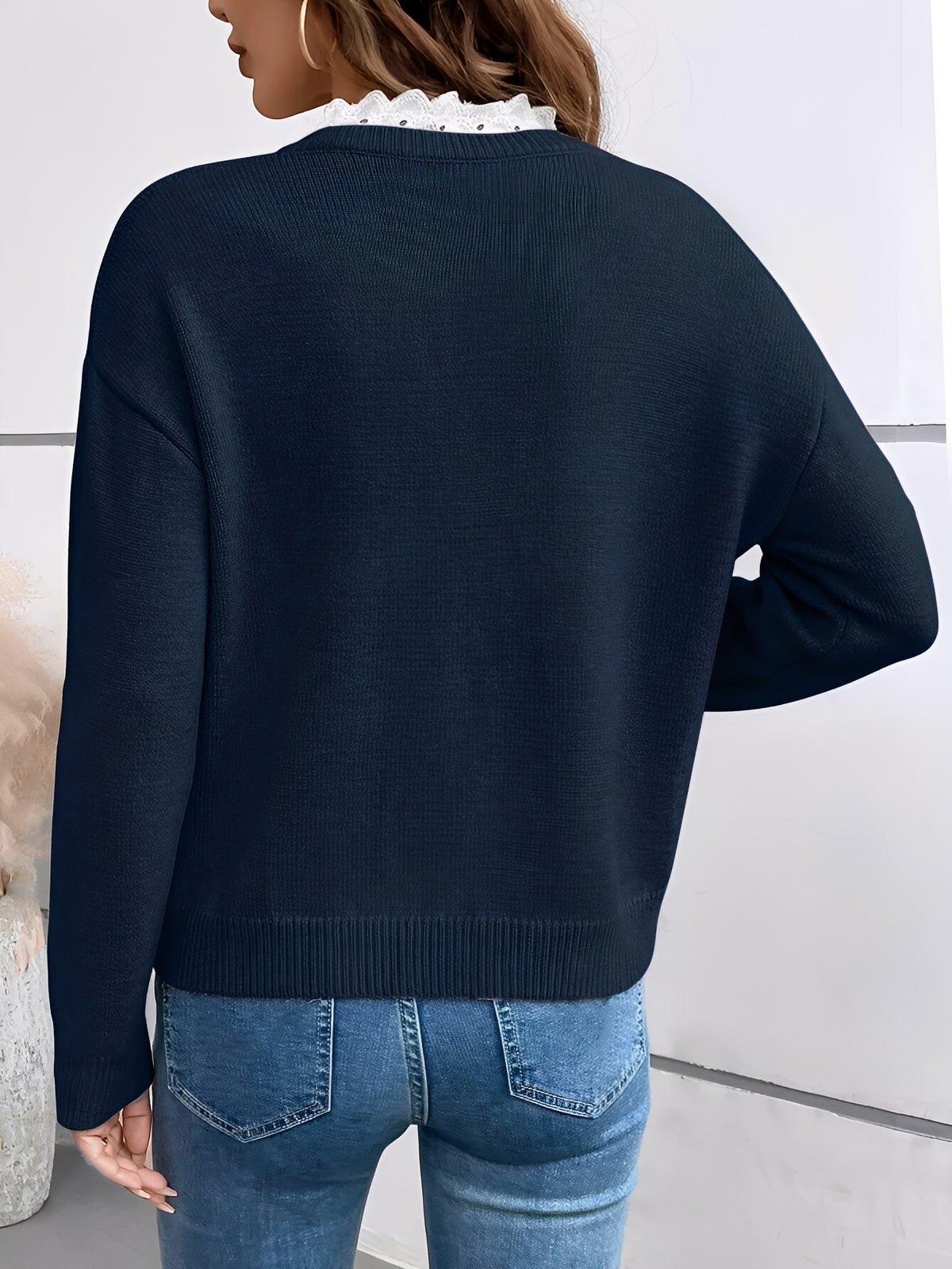 Knit V‑Neck Sweater with Lace Trim Detail, Relaxed Fit — variant_front