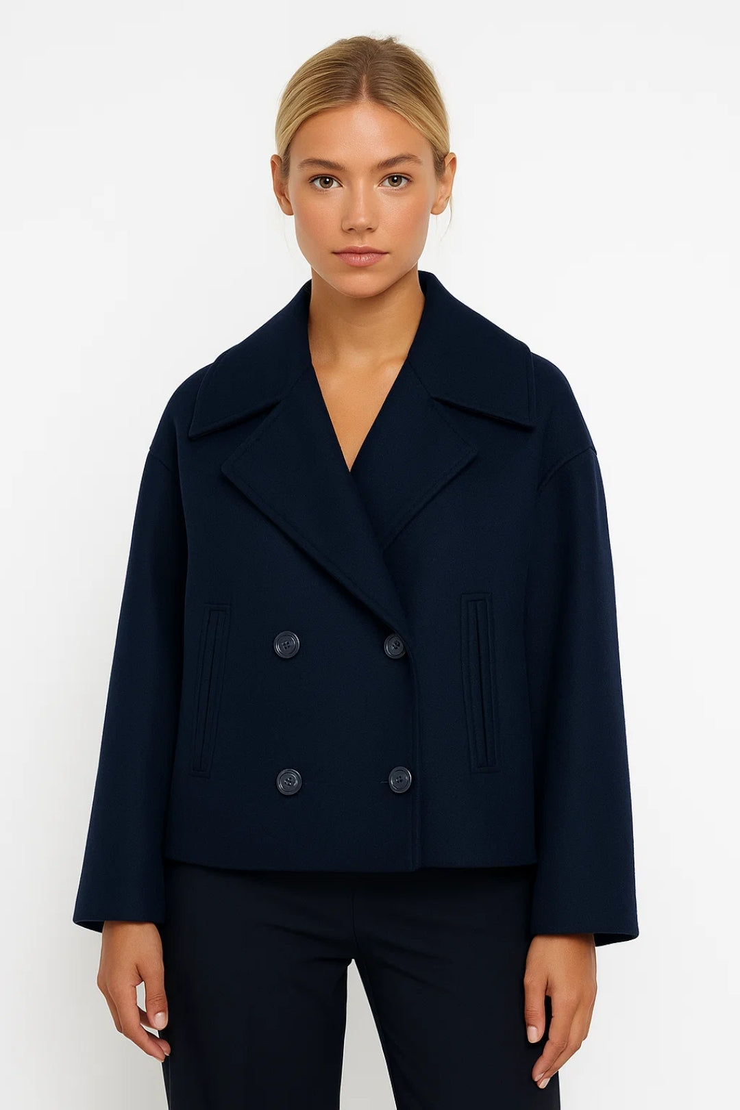 Cropped Double Breasted Wool Pea Coat with Wide Lapels — variant_front