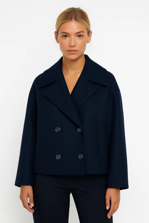 Cropped Double Breasted Wool Pea Coat with Wide Lapels — variant_front