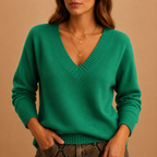 Soft Knit Sweater with Ribbed V-Neckline and Ribbed Cuffs — variant_front