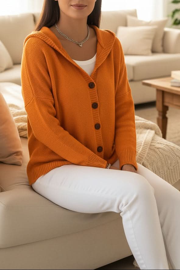 Relaxed Hooded Cardigan with Button Front and Ribbed Cuffs — variant_front