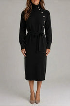 Women’s Cotton Knitted Midi Dress – Roll Neck Belted Jumper Dress — variant_front