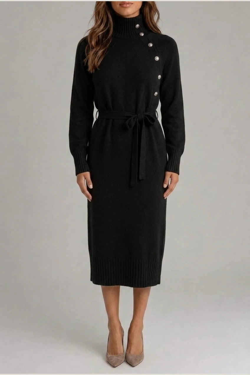 Women’s Cotton Knitted Midi Dress – Roll Neck Belted Jumper Dress — variant_front