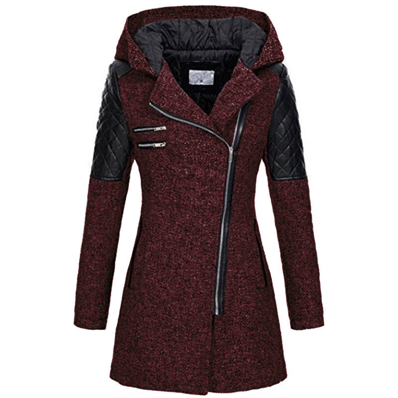 Fitted Hooded Winter Coat with Quilted Leather Shoulders — variant_front