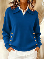 Relaxed Knit Sweater with Polo Collar and Gold Side Buttons — variant_front