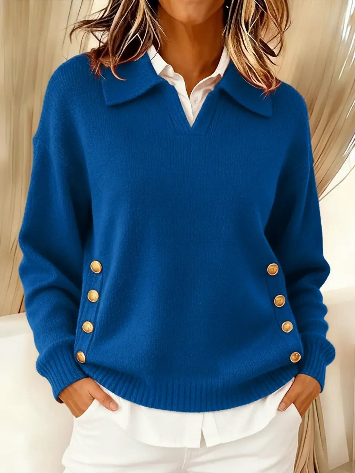 Relaxed Knit Sweater with Polo Collar and Gold Side Buttons — variant_front