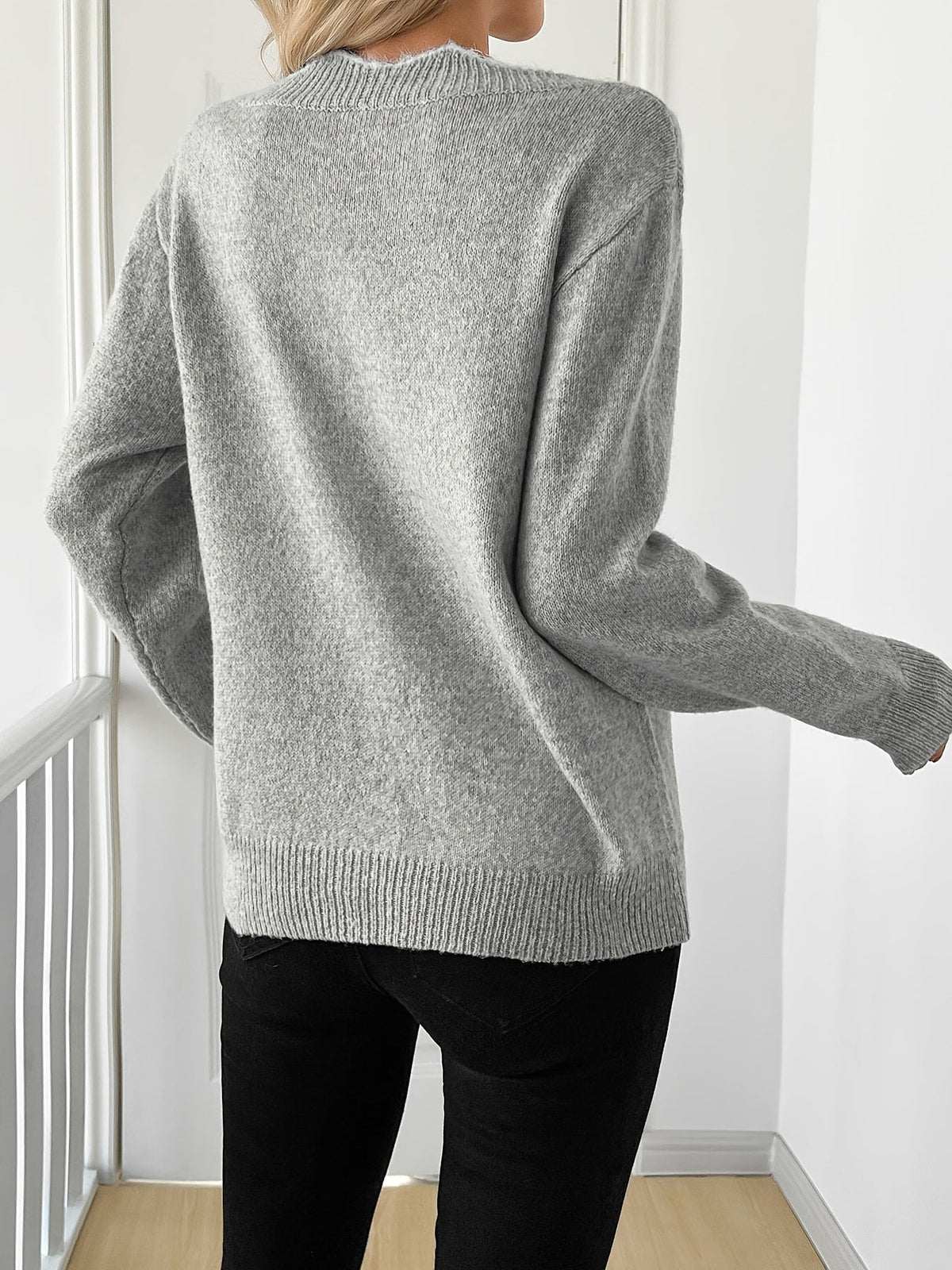 V-Neck Knit Sweater with Bow Detail, Relaxed-Fit Jumper — variant_front