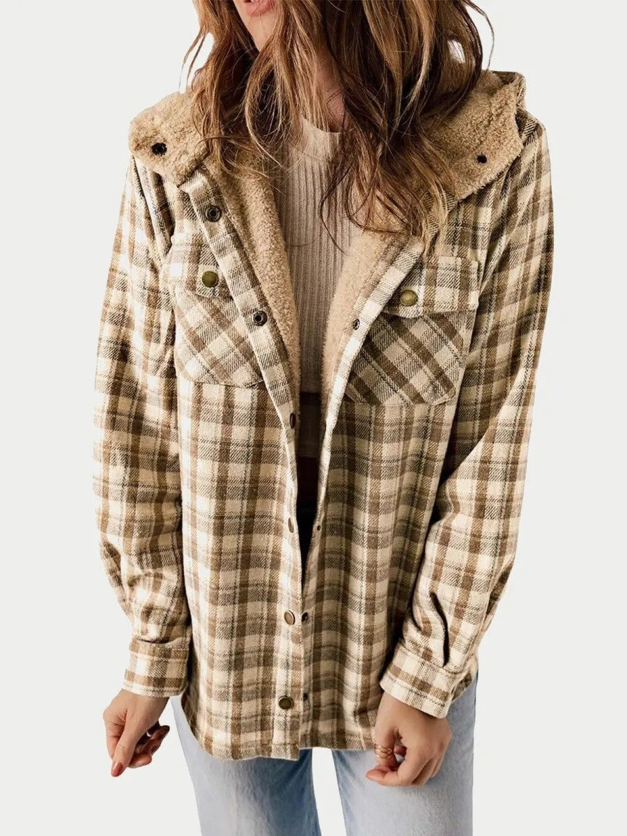 Relaxed Fit Check Flannel Shacket with Sherpa Lined Hood — variant_front