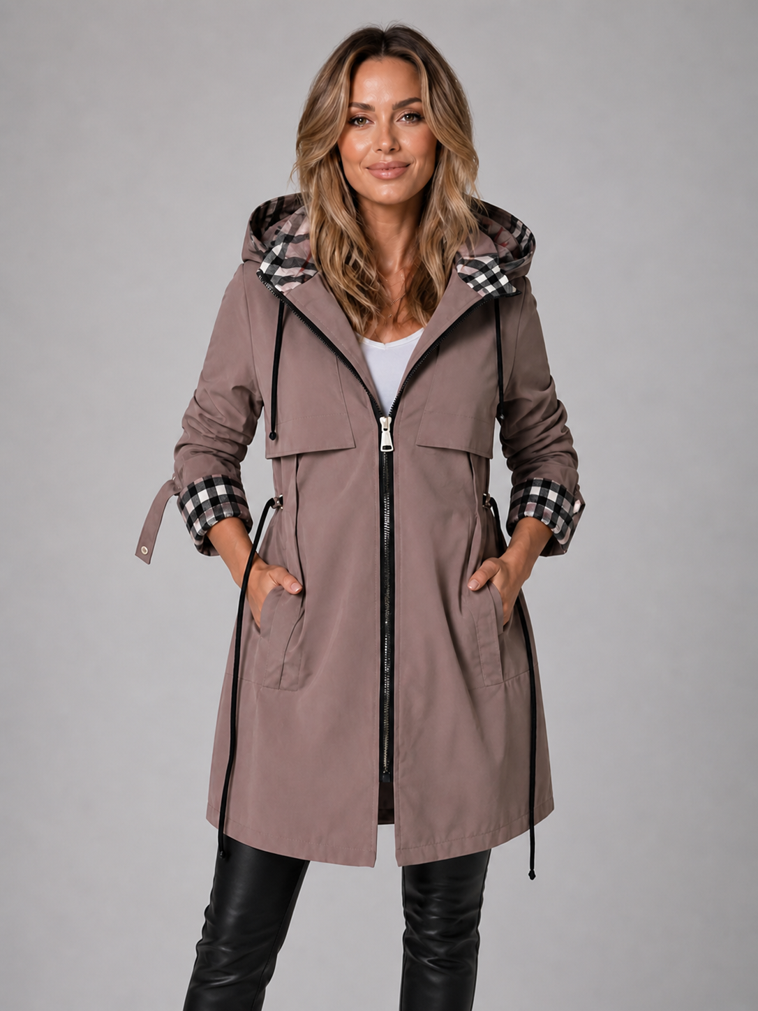 Hooded Anorak with Check Lining and Drawstring Waist — variant_front