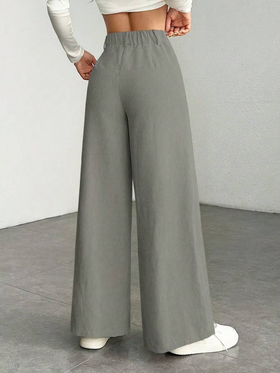High Waist Wide Leg Corduroy Trousers with Flap Pockets — variant_front