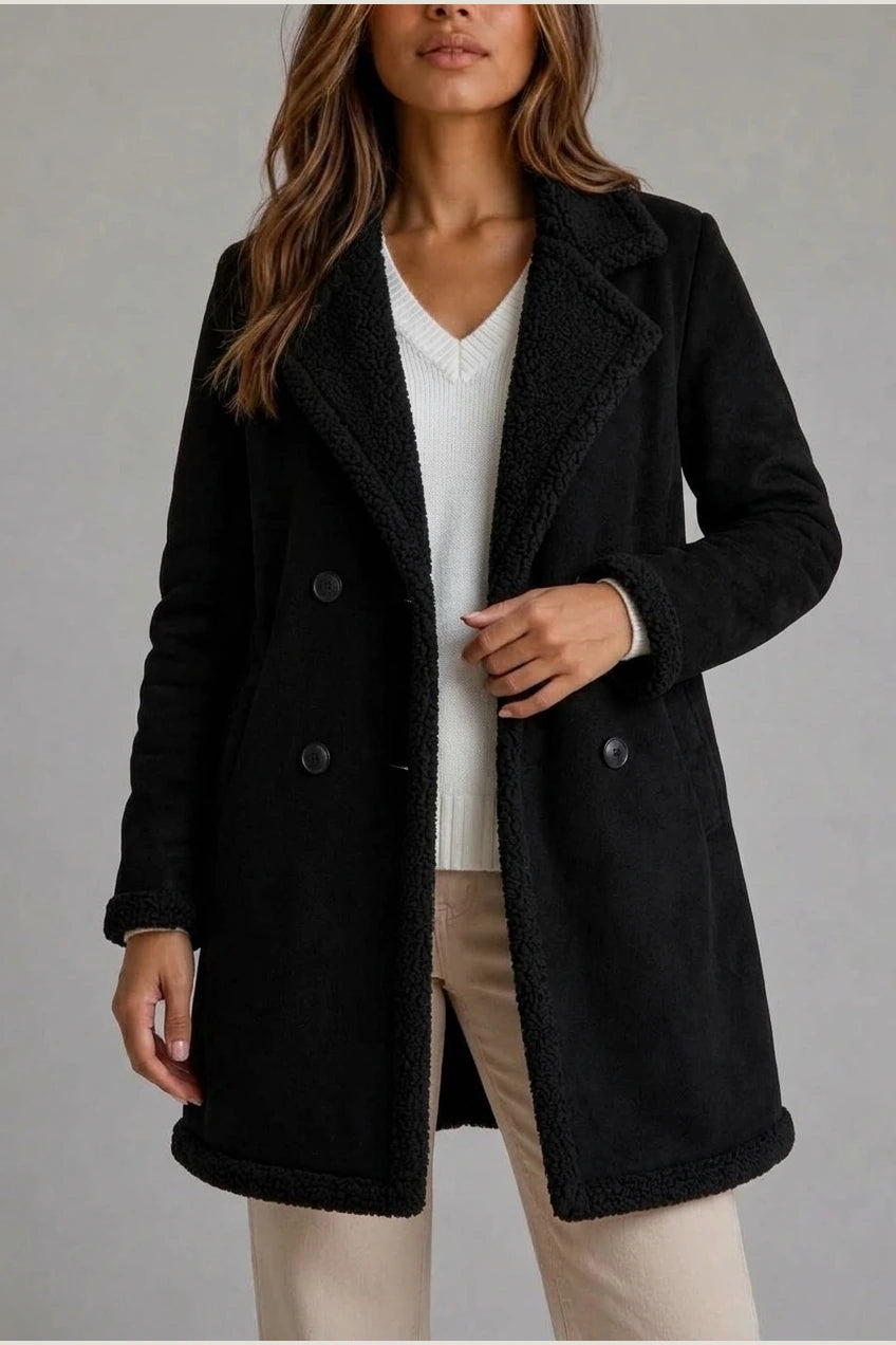 Women’s Suede Look Shearling Coat – Longline Teddy Trim Jacket — variant_front