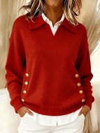Relaxed Knit Sweater with Polo Collar and Gold Side Buttons — variant_front