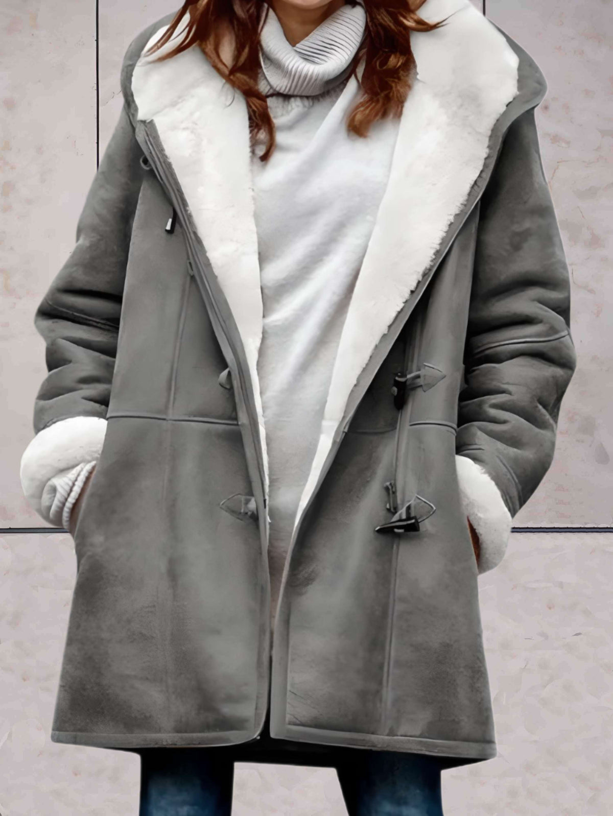 Hooded Suede Coat with Sherpa Lining and Toggle Closures — variant_front