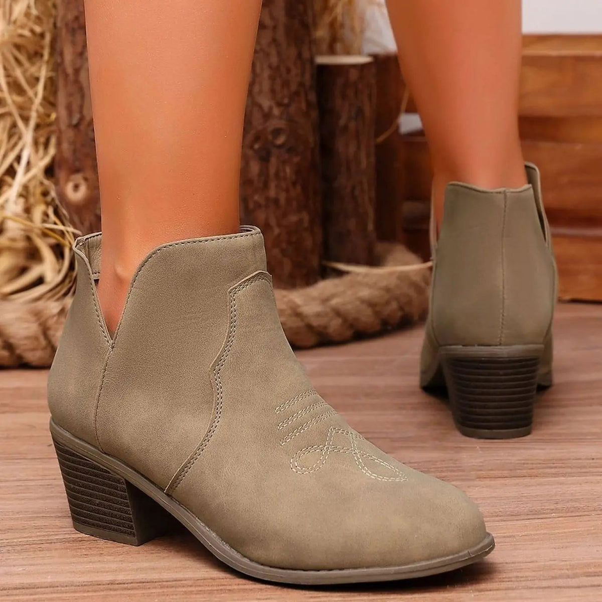 Western Ankle Boots with Block Heel and Stitch Detail — variant_front