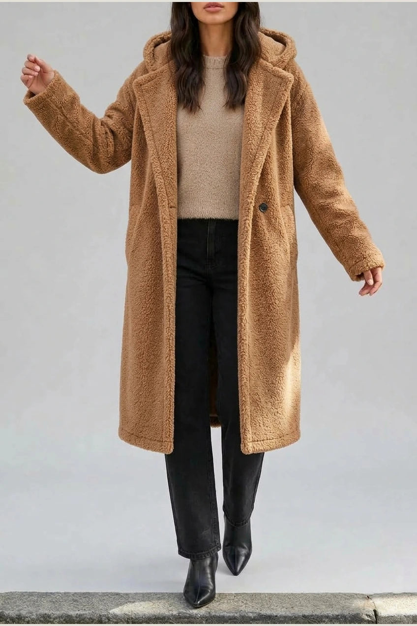 Women’s Long Hooded Teddy Coat – Oversized Borg Winter Coat — variant_front