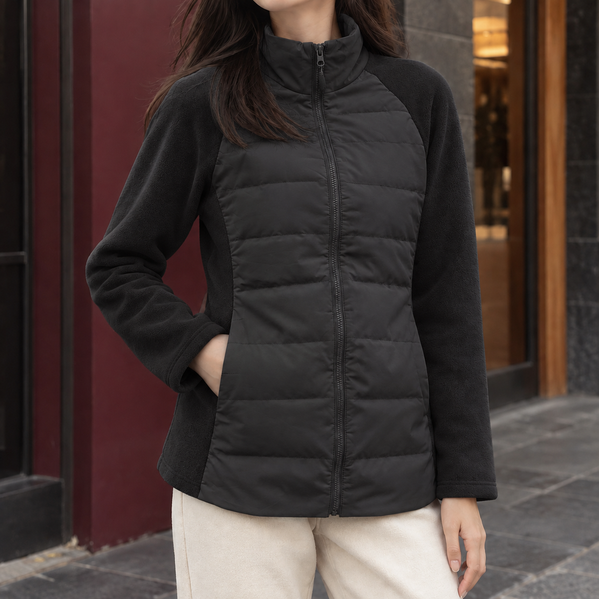 Lightweight Quilted Jacket with Fleece Sleeves and Stand Collar — variant_front