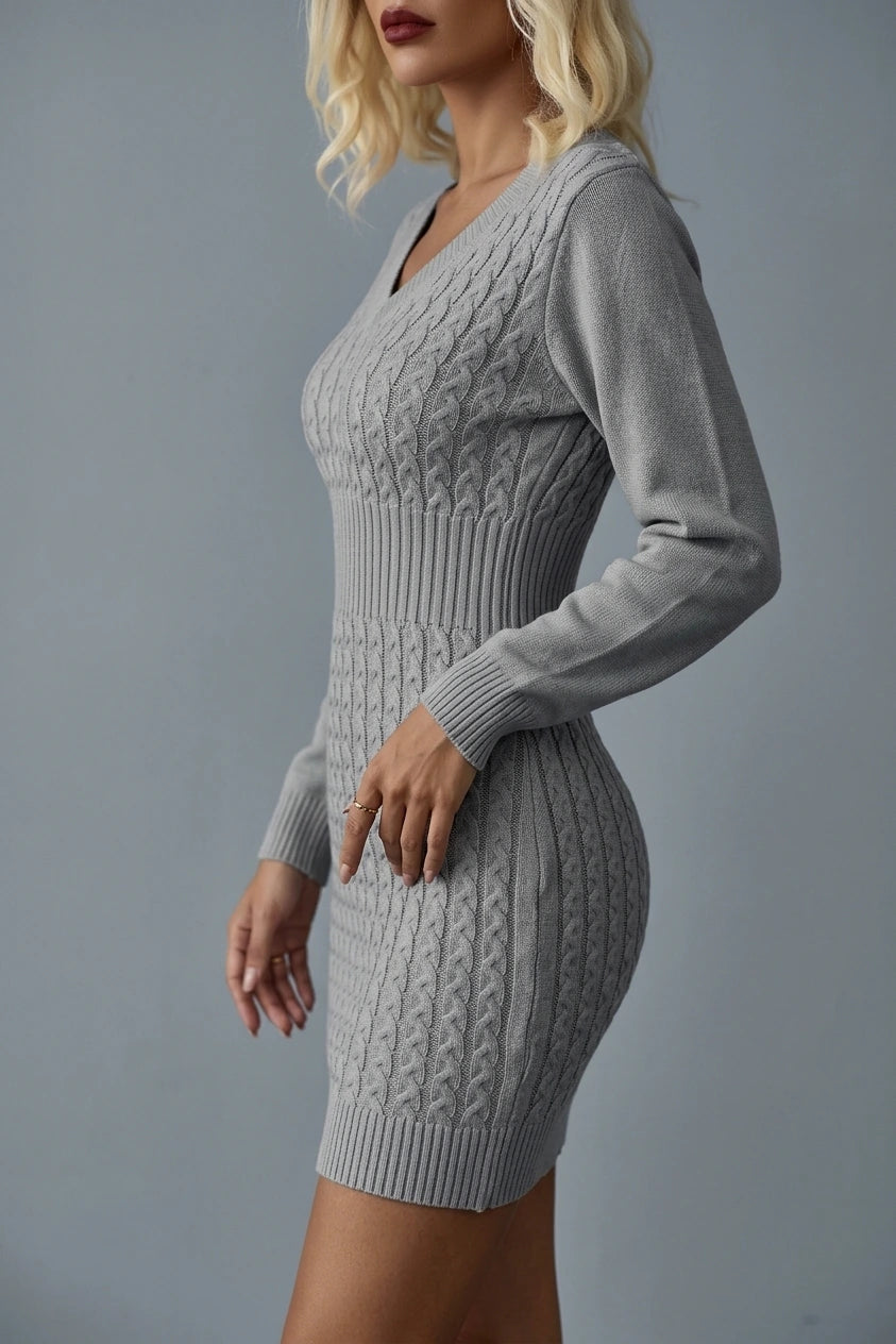 Women's Cable Knit V-Neck Jumper Dress Long Sleeve — variant_front