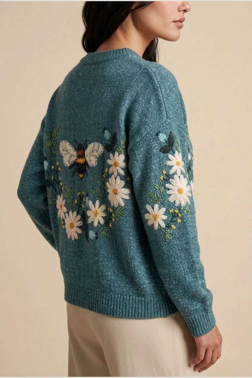 Women's Embroidered Floral Knit Sweater Loose Fit Crew Neck — variant_front