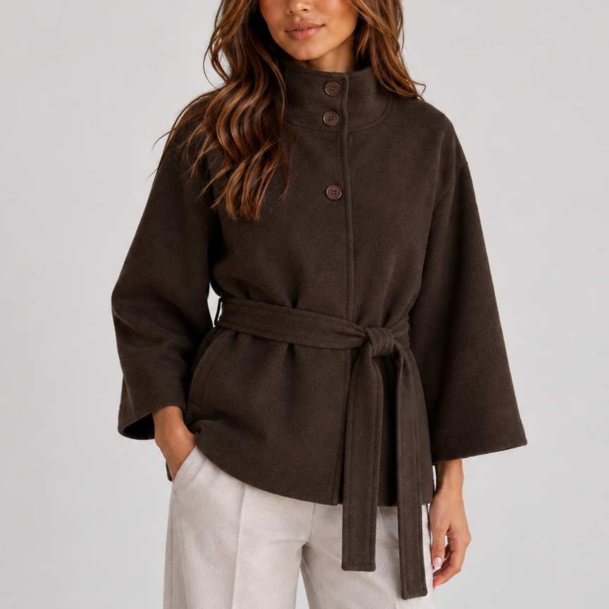 Women’s Belted Cape Jacket with Stand Collar — variant_front
