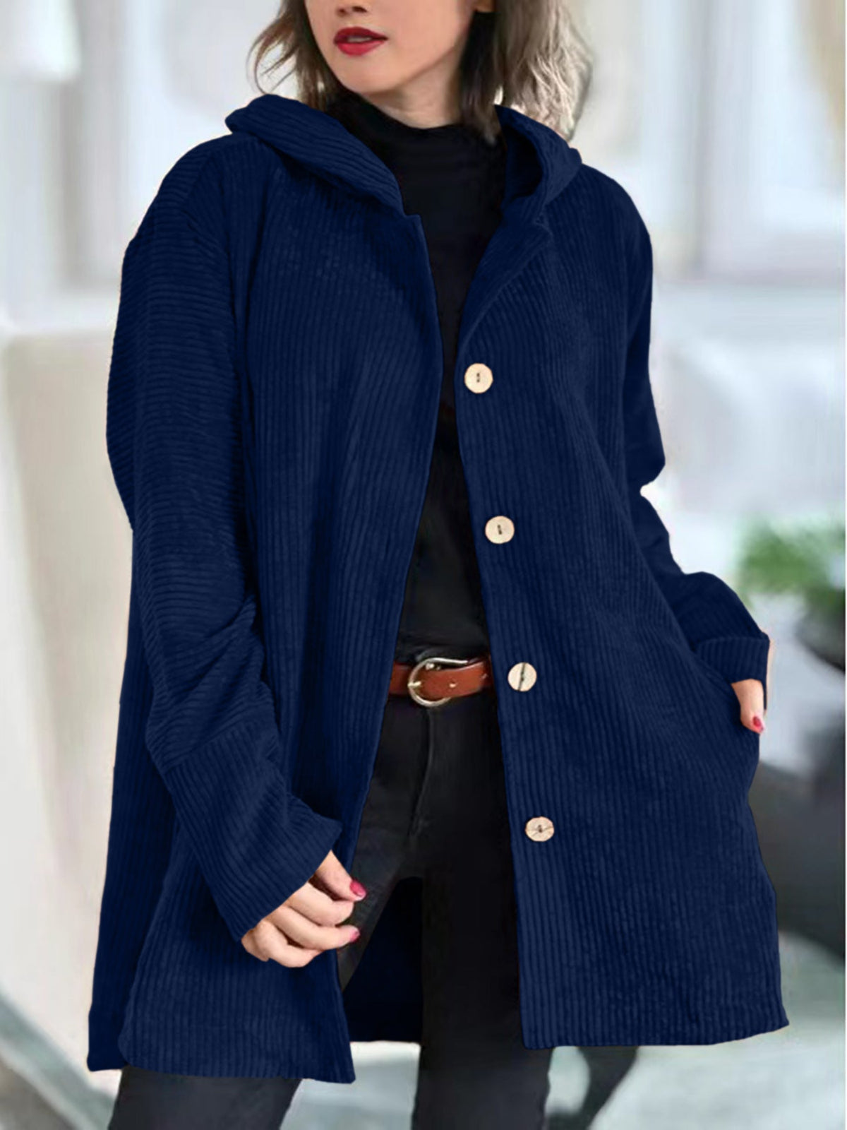Retro Hooded Corduroy Jacket with Wooden Buttons — variant_front