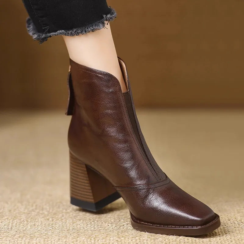 Heeled Leather Ankle Boots with Block Heel and V-Cut Front — variant_front