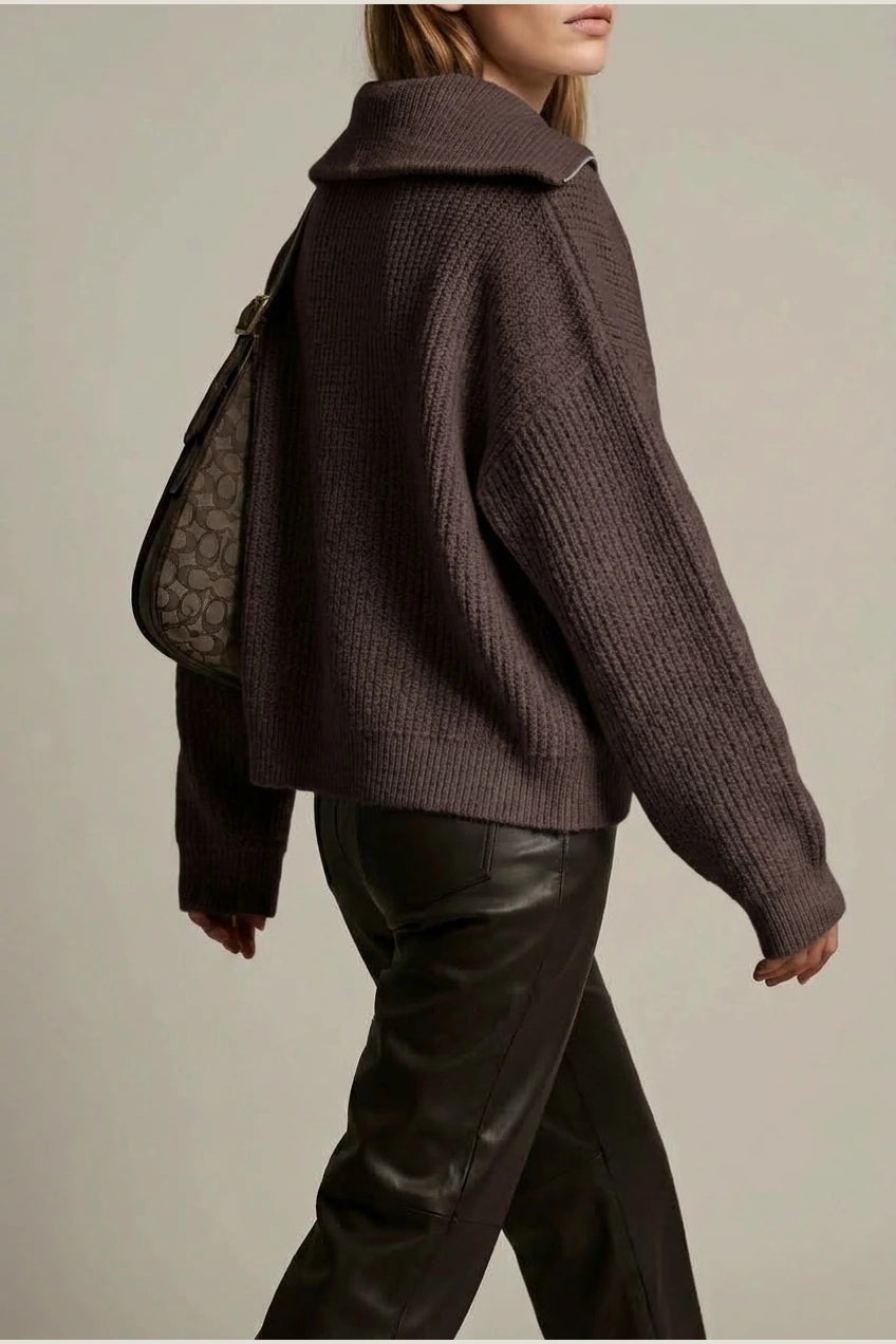 Oversized Half Zip Knit Sweater with Wide Collar — variant_front