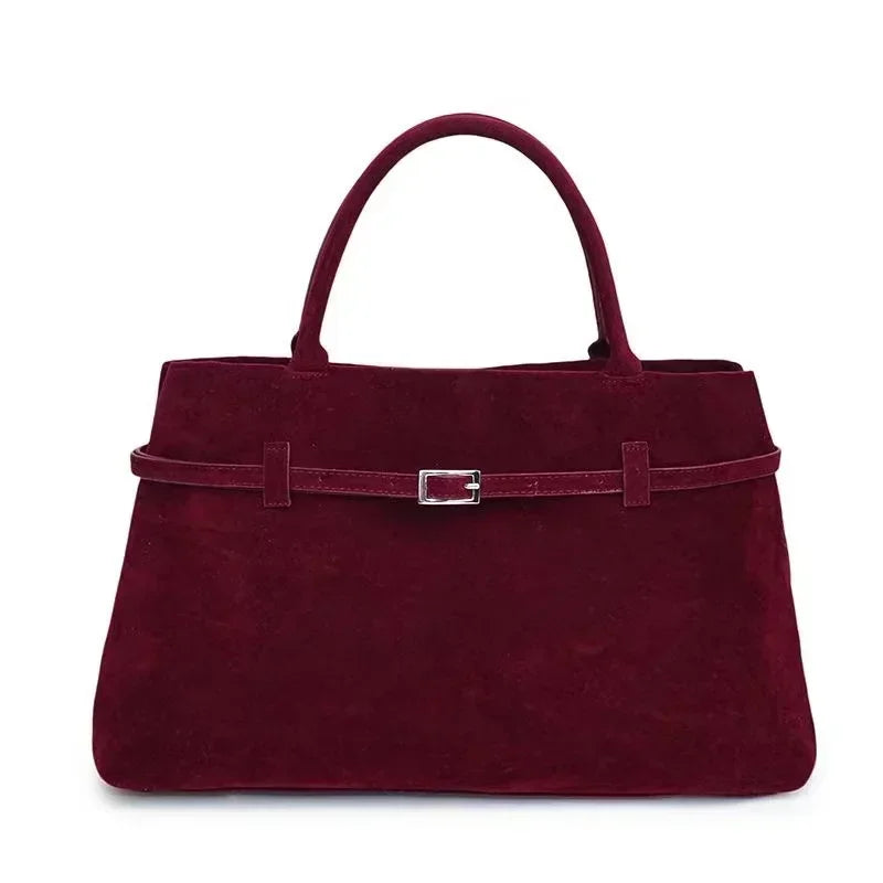 Large Suede Shoulder Bag with Belt Buckle Detail - Top-handle Tote — variant_front