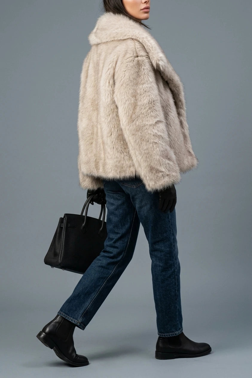 Women's Faux Fur Jacket with Collar and Long Sleeves — variant_front