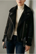 Amelia | Women's Shearling-Lined Belted Suede Moto Jacket — variant_front
