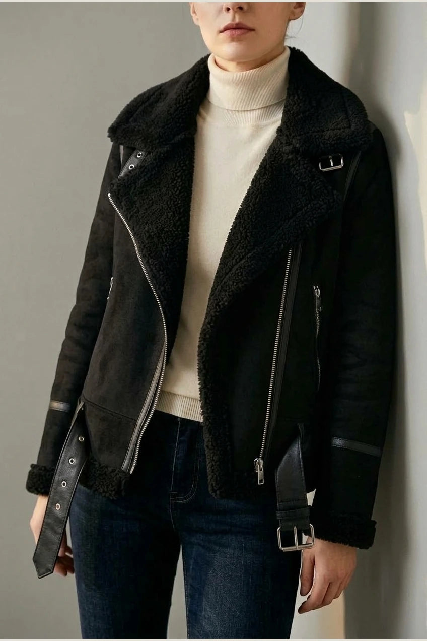 Amelia | Women's Shearling-Lined Belted Suede Moto Jacket — variant_front