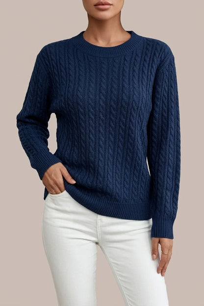 Women's Casual Loose-Fit Round Neck Long Sleeve Sweater - Medium Stretch Solid Color with Ribbed Detailing, H-Line Silhouette for Spring/Autumn Layering, Elegant Collection, Cute Sweater, Casual Attire, Comfortable Fit, Pullover Top, Stylish Women — variant_front