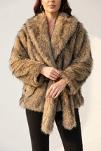 Women's Faux Fur Jacket with Shawl Collar and Tie Belt — variant_front