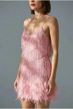 Sophie | Women's Sequin Fringe Feather Trim Cocktail Dress — variant_front