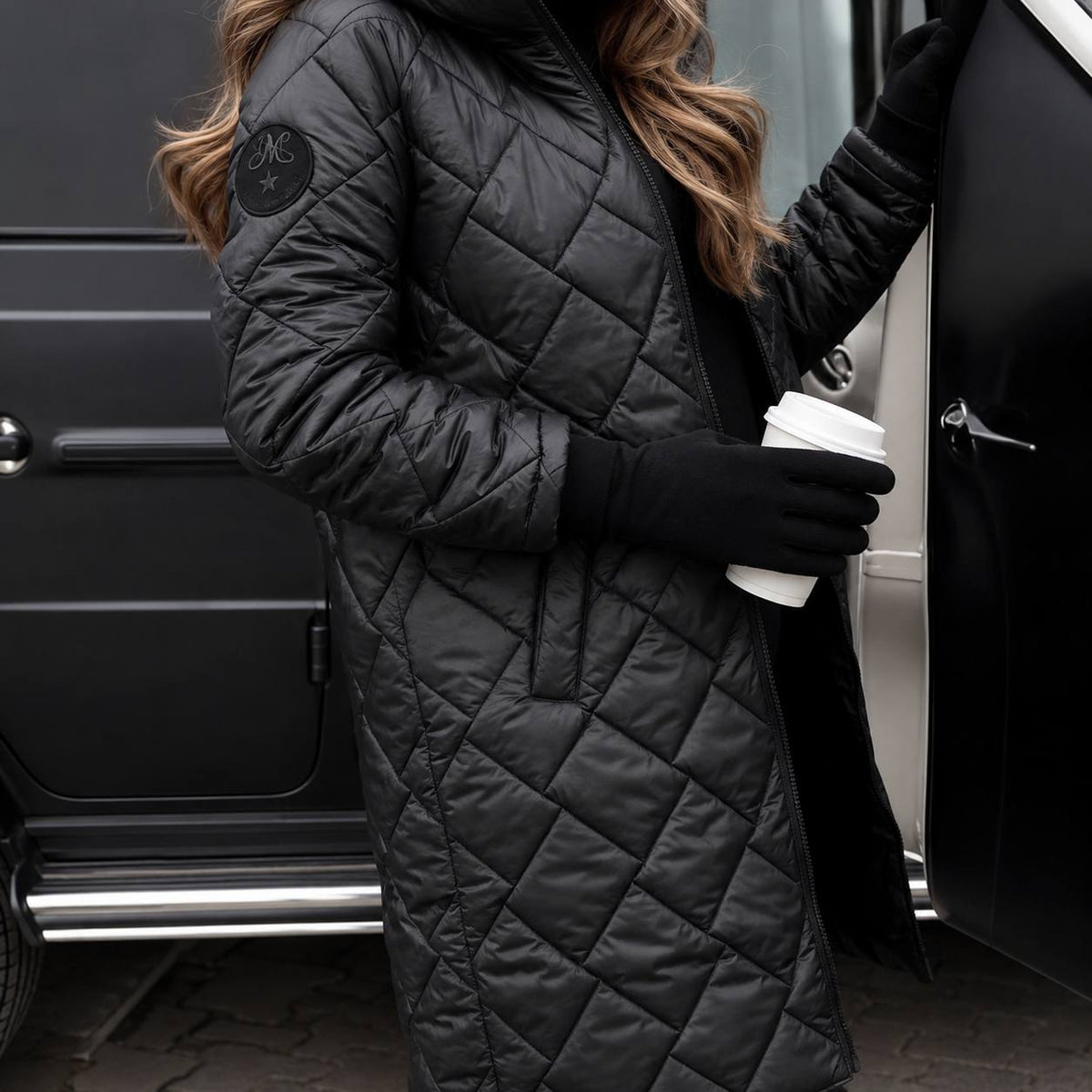 Hooded Long Quilted Puffer Coat with Diamond Stitch Detail — variant_front