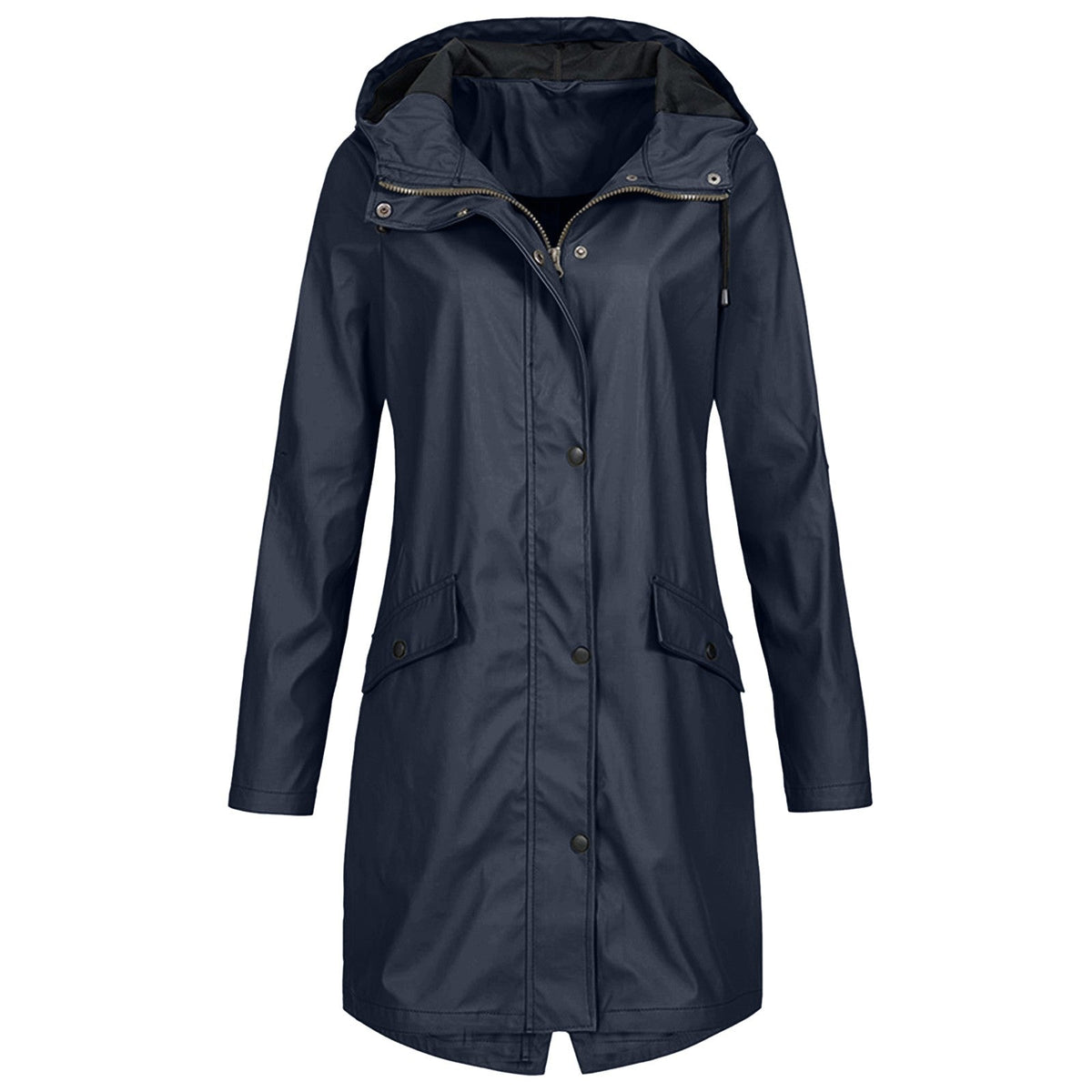 Hooded Waterproof Rain Jacket with Elasticated Waist and Flap Pockets