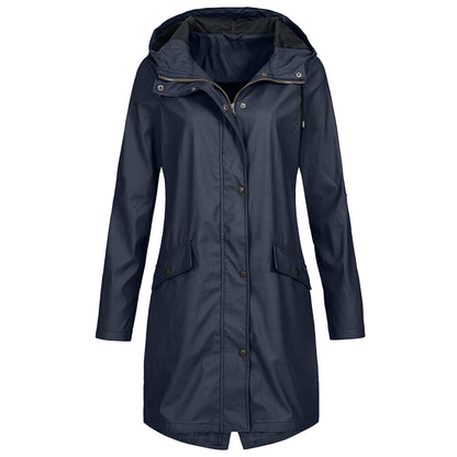 Hooded Waterproof Rain Jacket with Elasticated Waist and Flap Pockets