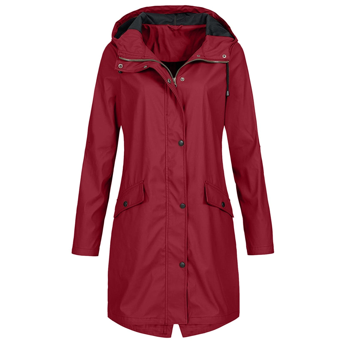 Hooded Waterproof Rain Jacket with Elasticated Waist and Flap Pockets