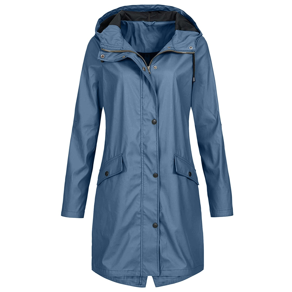 Hooded Waterproof Rain Jacket with Elasticated Waist and Flap Pockets