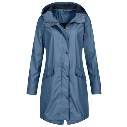 Hooded Waterproof Rain Jacket with Elasticated Waist and Flap Pockets