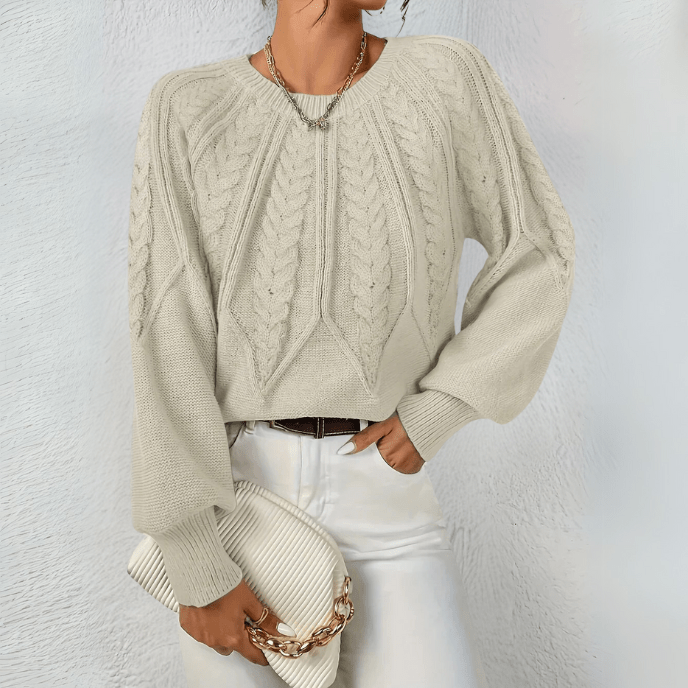 Cable Knit Sweater with Puff Sleeves and Round Neckline — variant_front